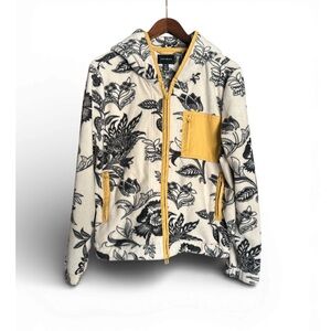 Tribal zip Up Up Fleece Hoodie Off White/Black Floral with Yellow Trim